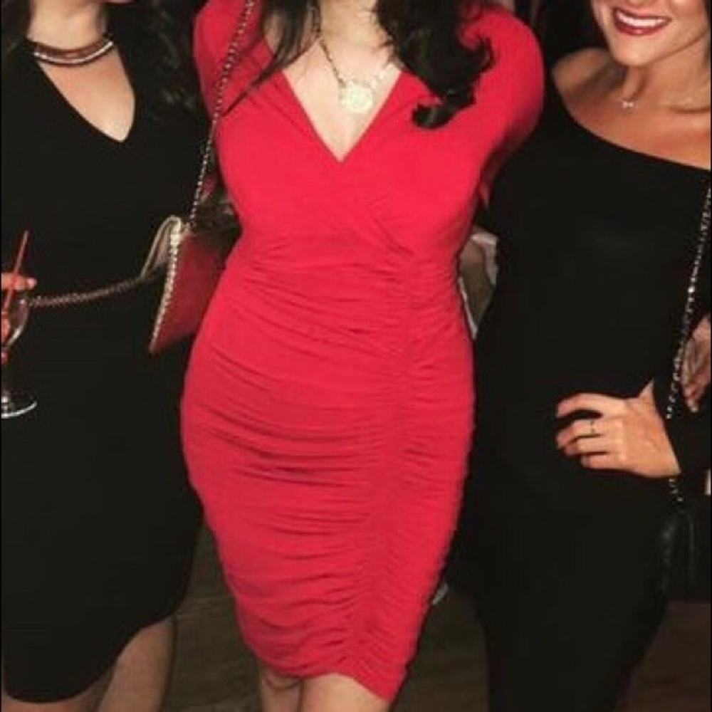 BCBG Red long sleeve rouged dress
